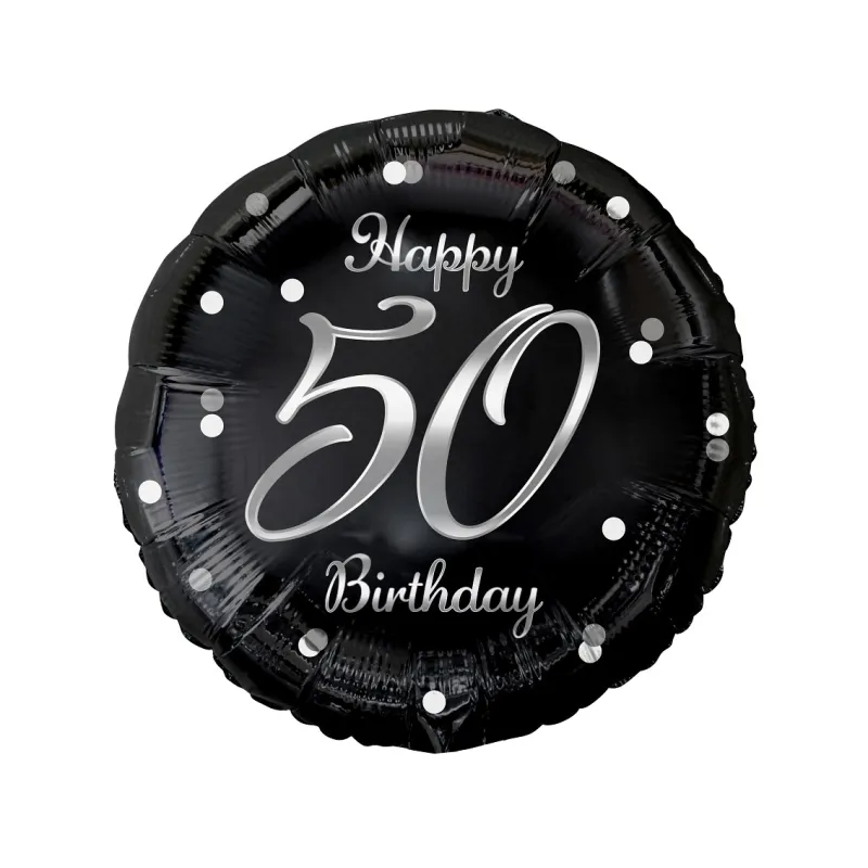 Balon foliowy Happy 50 Birthday, czarny, nadruk srebrny, 18"