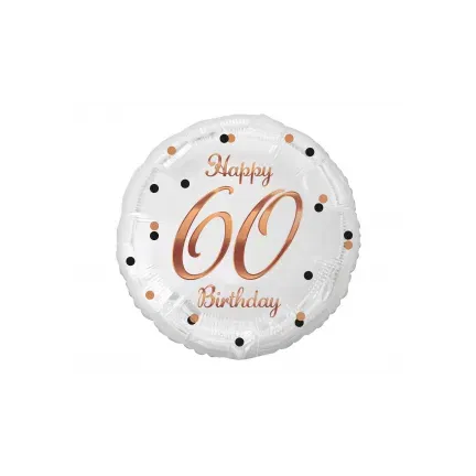 Balon foliowy Happy 60 Birthday, biały, nadruk różowo-złoty, 18"