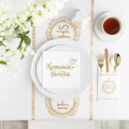 Bieżnik Komunijny biały ze złotym napisem IHS Komunia Święta 5m 1 sztuka