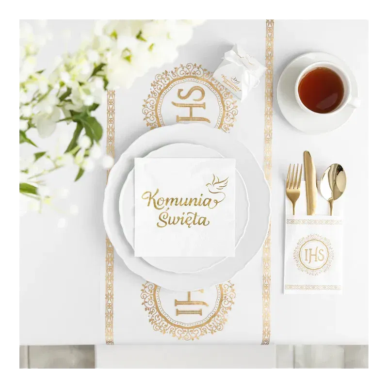 Bieżnik Komunijny biały ze złotym napisem IHS Komunia Święta 5m 1 sztuka