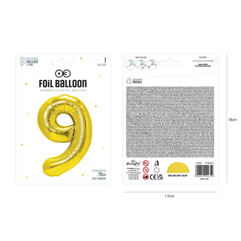 Balon "9" złoty, 70cm