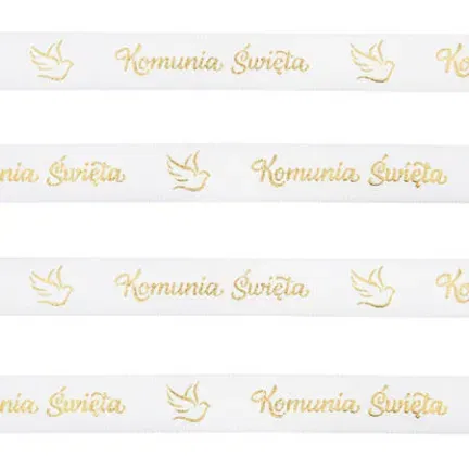 Tasiemka satynowa biała z napisem Komunia Święta 20m Tasiemka satynowa biała z napisem Komunia Święta 20m