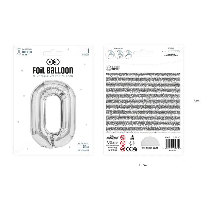 Balon "0" srebrny, 70cm
