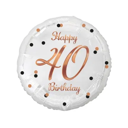 Balon foliowy Happy 40 Birthday, biały, nadruk goldenrose 18"