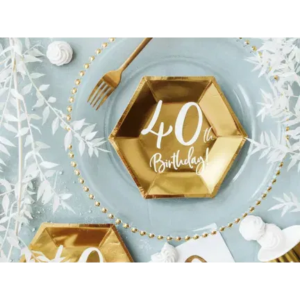 Talerzyki 40th Birthday złote, 6 szt., 20cm