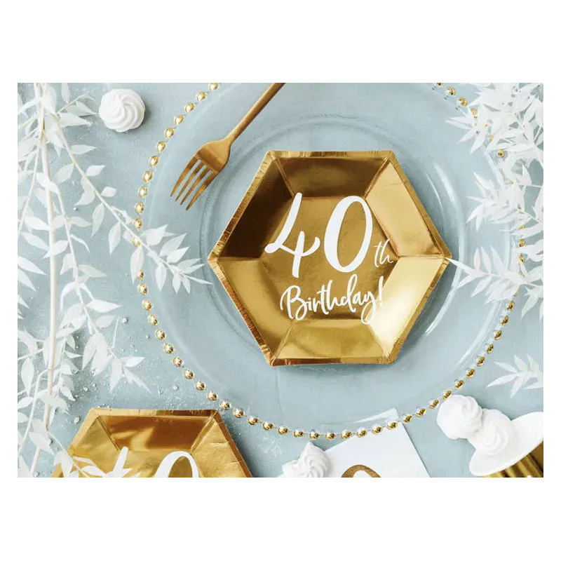Talerzyki 40th Birthday złote, 6 szt., 20cm