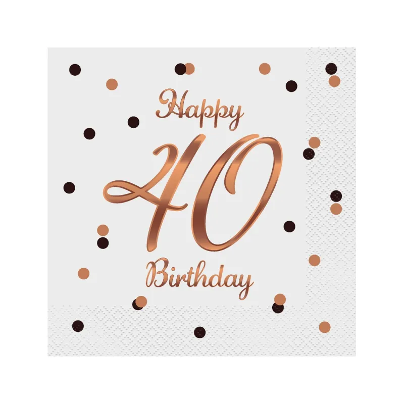 Serwetki Happy 40 Birthday, białe, różówy nadruk/20szt.