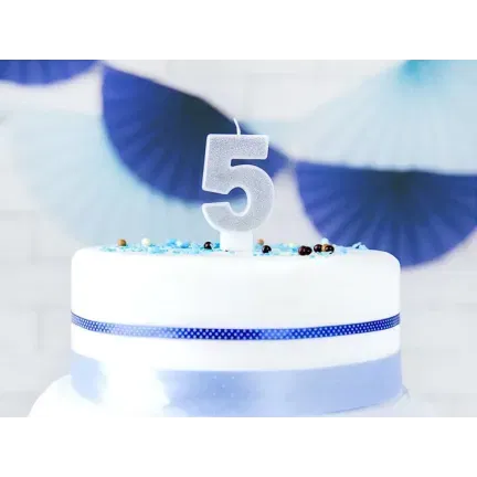 Świeczka cyferka 5 srebrna brokat, 7cm