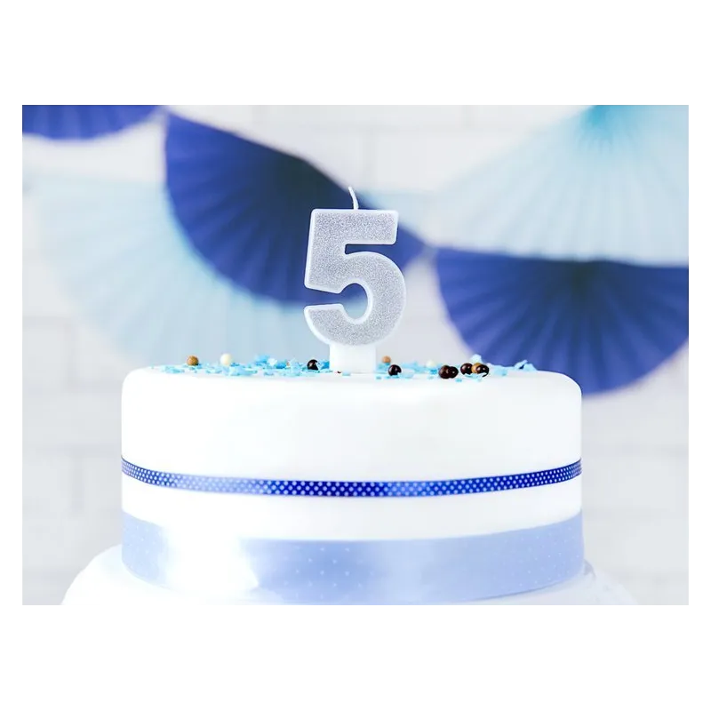 Świeczka cyferka 5 srebrna brokat, 7cm