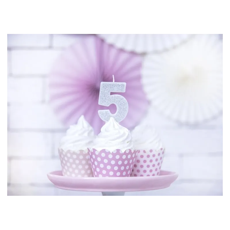 Świeczka cyferka 5 srebrna brokat, 7cm