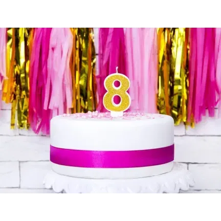 Świeczka cyferka 8 złota brokat, 7cm Świeczka cyferka 8 złota brokat, 7cm