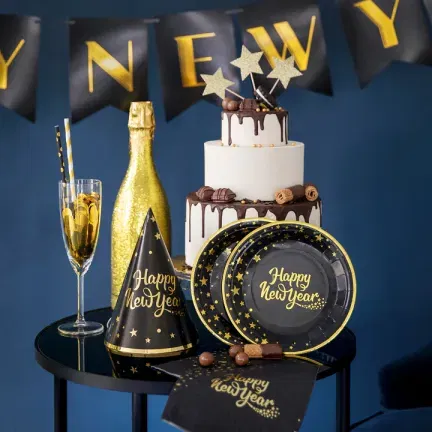 Czapeczki ze złotym napisem Happy New Year 6szt Czapeczki ze złotym napisem Happy New Year 6szt