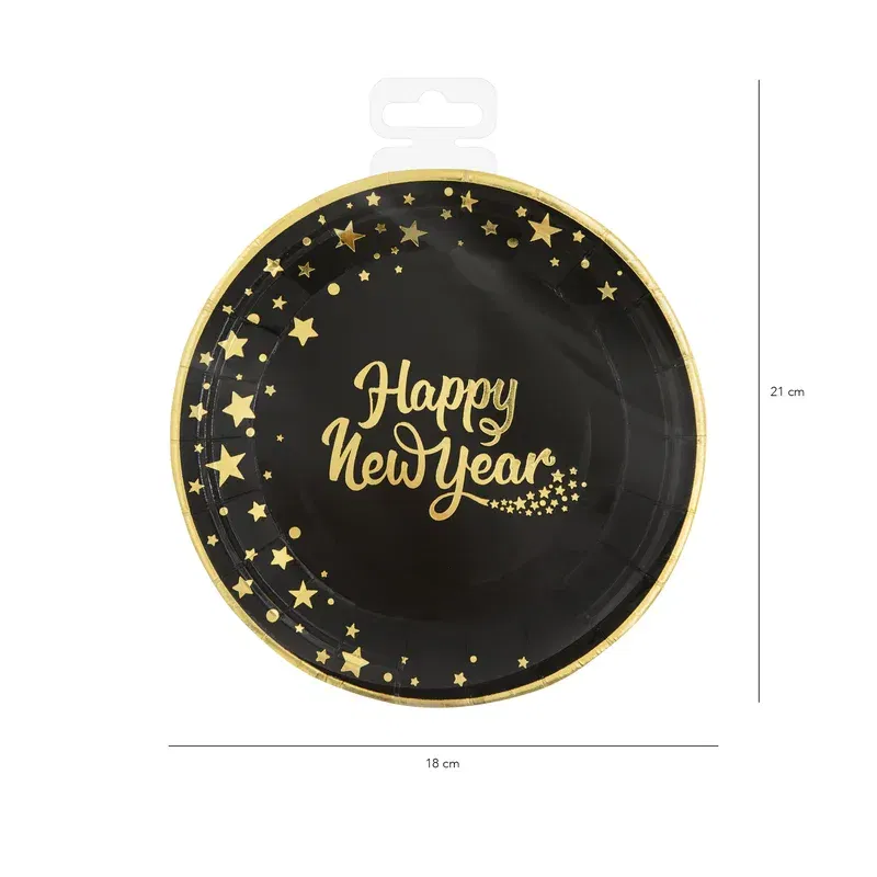 Papierowy talerz Happy New Year czarny 7cali 6szt