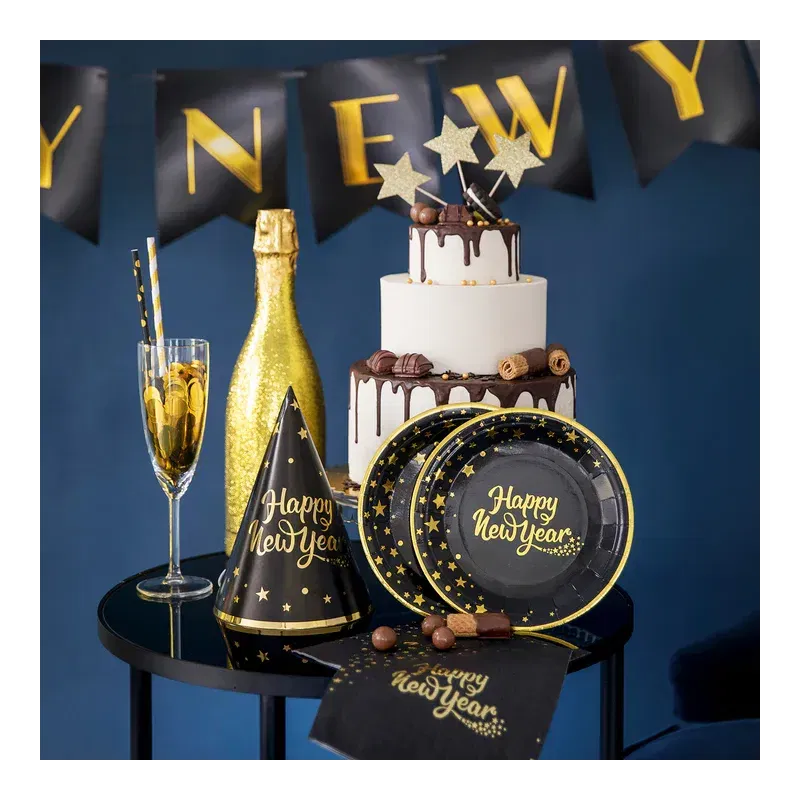 Papierowy talerz Happy New Year czarny 7cali 6szt