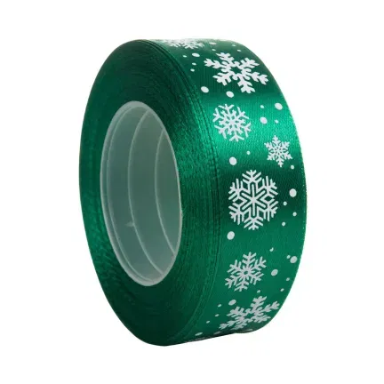 Wstążka satynowa w Śnieżynki 2,5cm, zielony