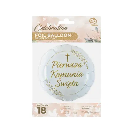 Balon foliowy Pierwsza Komunia Święta (kłosy), okrągły 18 cali Balon foliowy Pierwsza Komunia Święta (kłosy), okrągły 18 cali