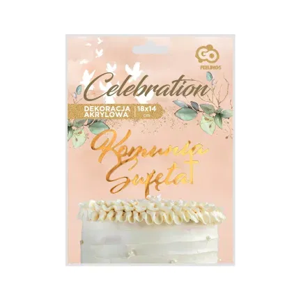 Dekoracja akrylowa na tort Komunia Święta, złota, 18x14 cm