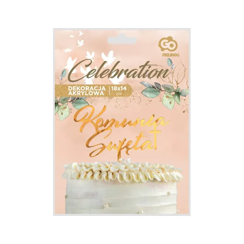 Dekoracja akrylowa na tort Komunia Święta, złota, 18x14 cm