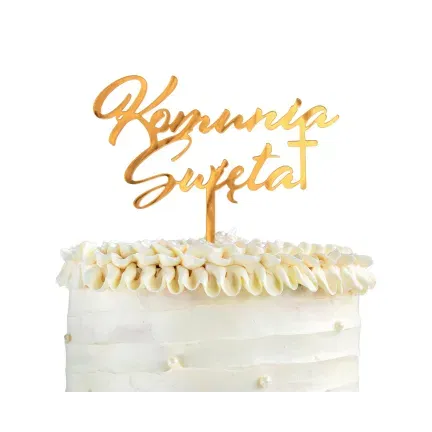 Dekoracja akrylowa na tort Komunia Święta, złota, 18x14 cm