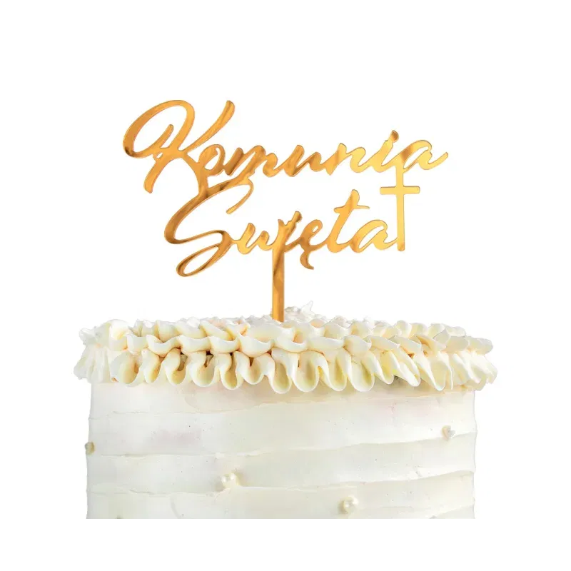 Dekoracja akrylowa na tort Komunia Święta, złota, 18x14 cm