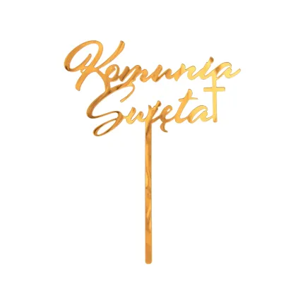 Dekoracja akrylowa na tort Komunia Święta, złota, 18x14 cm