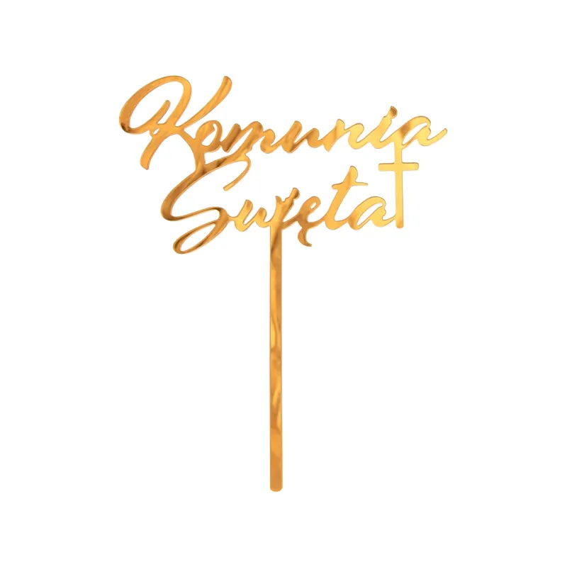 Dekoracja akrylowa na tort Komunia Święta, złota, 18x14 cm