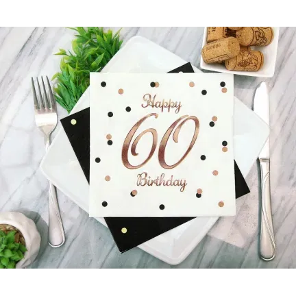 Serwetki B&C Happy 60 Birthday, białe, nadruk różowo-złoty, 33x33 cm, 20 szt.