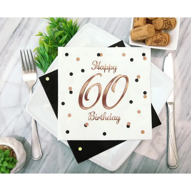 Serwetki B&C Happy 60 Birthday, białe, nadruk różowo-złoty, 33x33 cm, 20 szt.