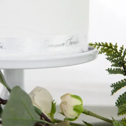 Wstążka satynowa Komunia Święta biało-srebrna 20m