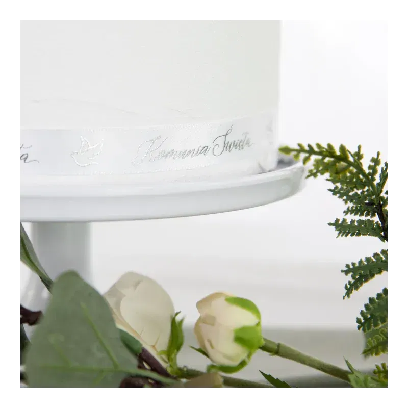 Wstążka satynowa Komunia Święta biało-srebrna 20m