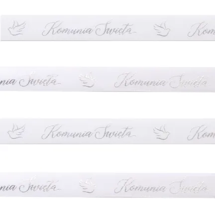 Wstążka satynowa Komunia Święta biało-srebrna 20m