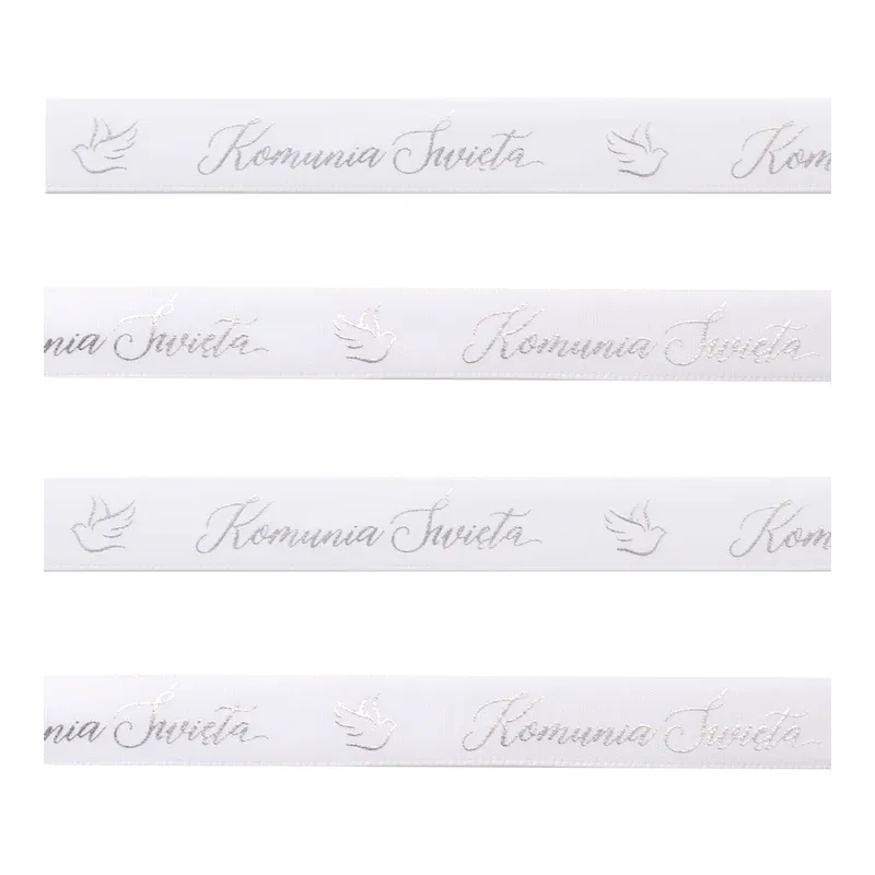 Wstążka satynowa Komunia Święta biało-srebrna 20m