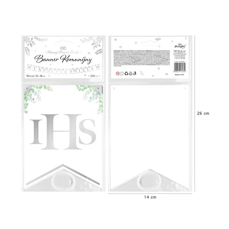 Baner komunijny I Komunia Święta Eukaliptus srebrny 240cm 