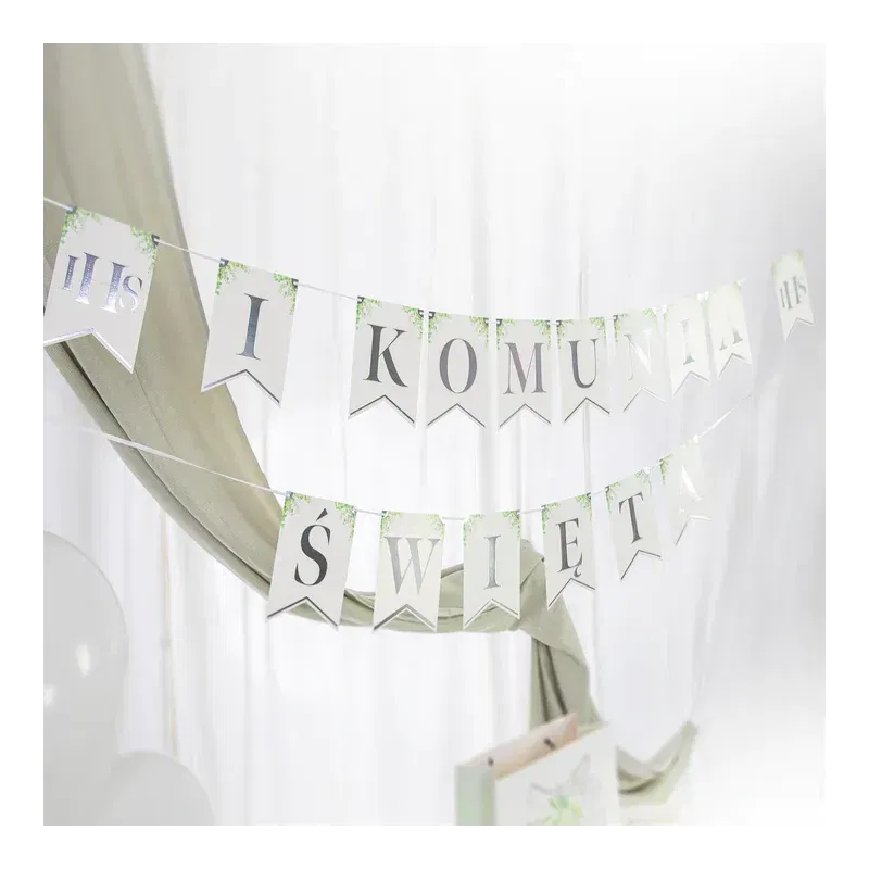 Baner komunijny I Komunia Święta Eukaliptus srebrny 240cm 