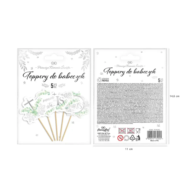 Toppery na tort komunijny Eukaliptus srebrny 5szt. 