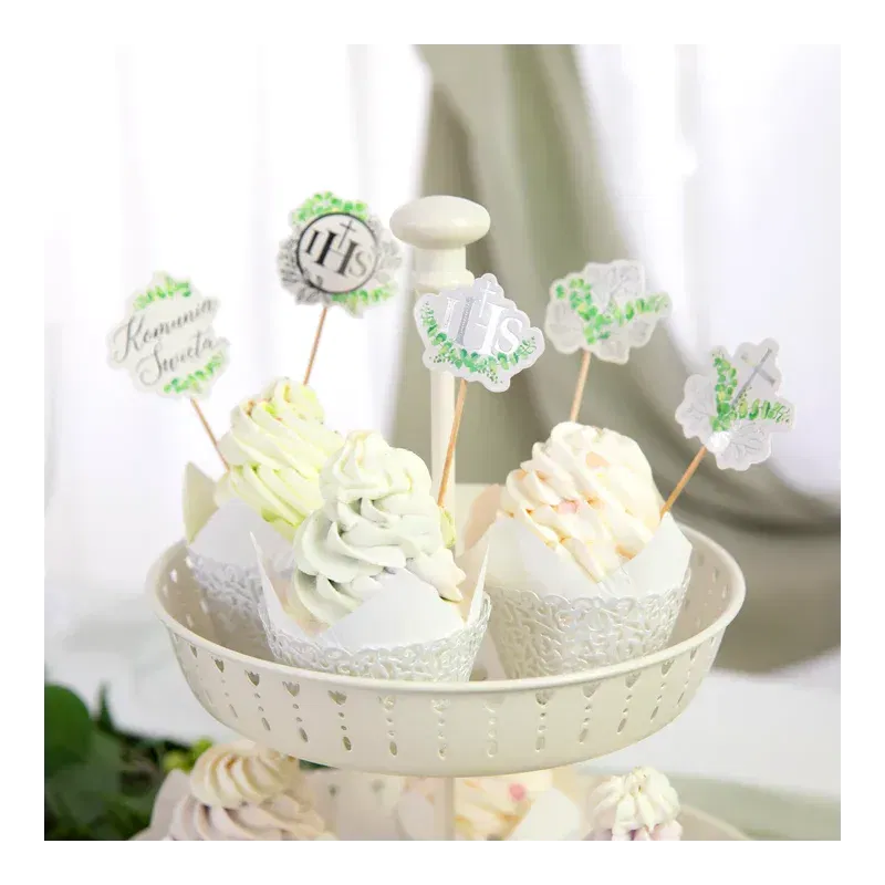 Toppery na tort komunijny Eukaliptus srebrny 5szt. 