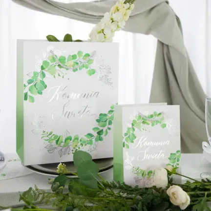 Torebka na prezenty komunijne Eukaliptus srebrny duża