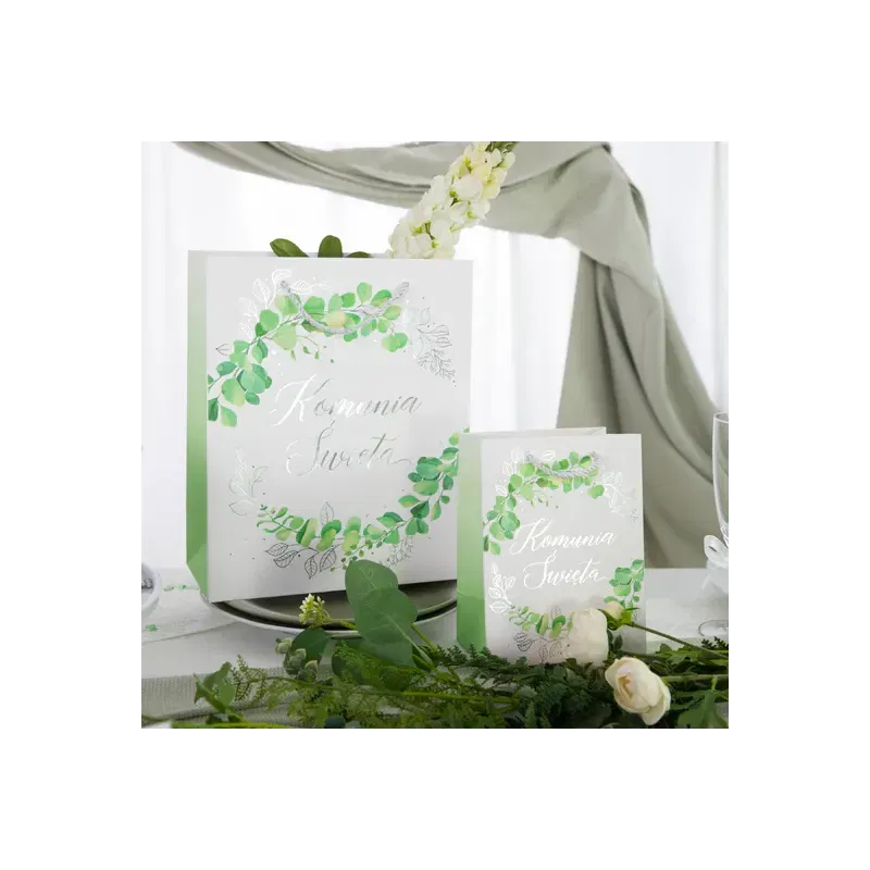 Torebka na prezenty komunijne Eukaliptus srebrny duża