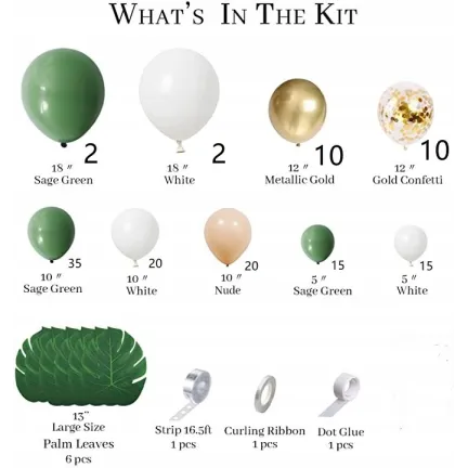 GIRLANDA BALONOWA oliwkowa zieleń Dżungla Liście Monstery 138 elementów GIRLANDA BALONOWA oliwkowa zieleń Dżungla Liście Monstery 138 elementów