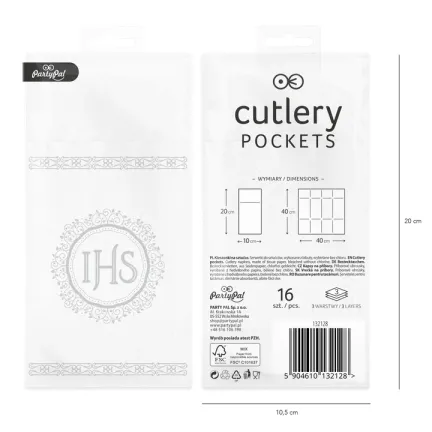 Kieszonki na sztućce IHS biało-srebrne 16szt. 