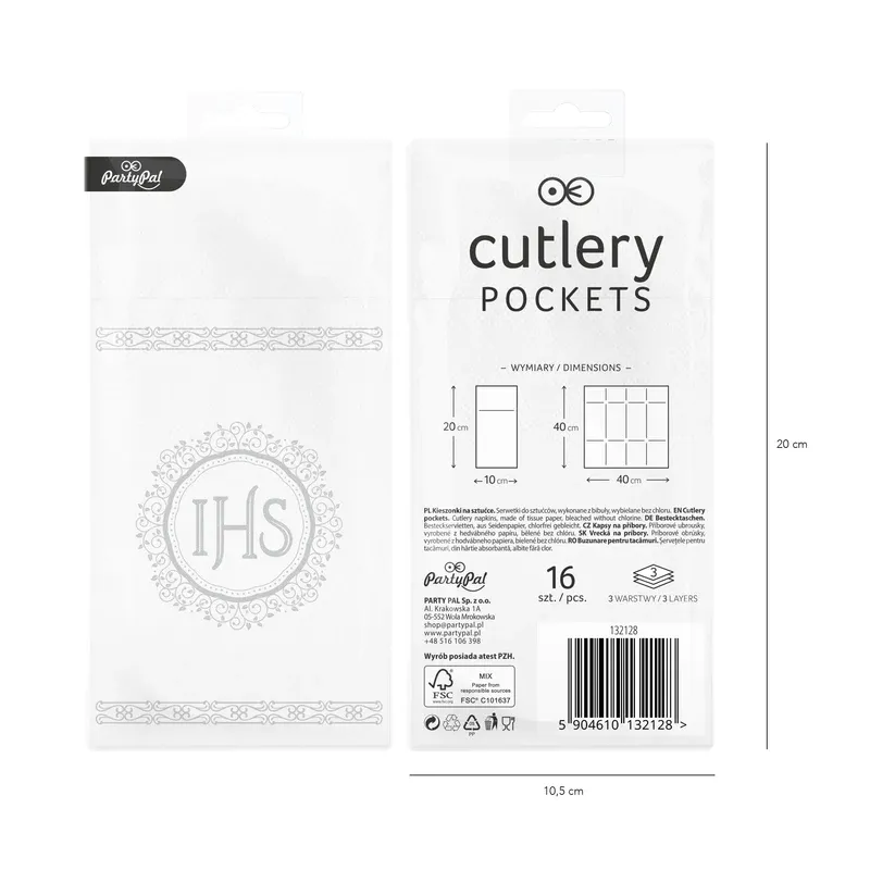 Kieszonki na sztućce IHS biało-srebrne 16szt. 