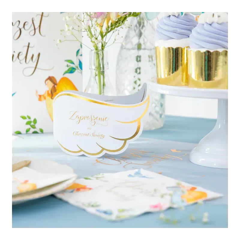 Zaproszenie na chrzest Skrzydła biało-złote 10szt. Zaproszenie na chrzest Skrzydła biało-złote 10szt.