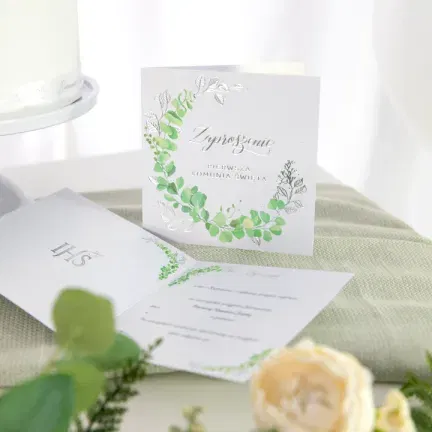 Zaproszenie na komunię Eukaliptus srebrny 10szt. 