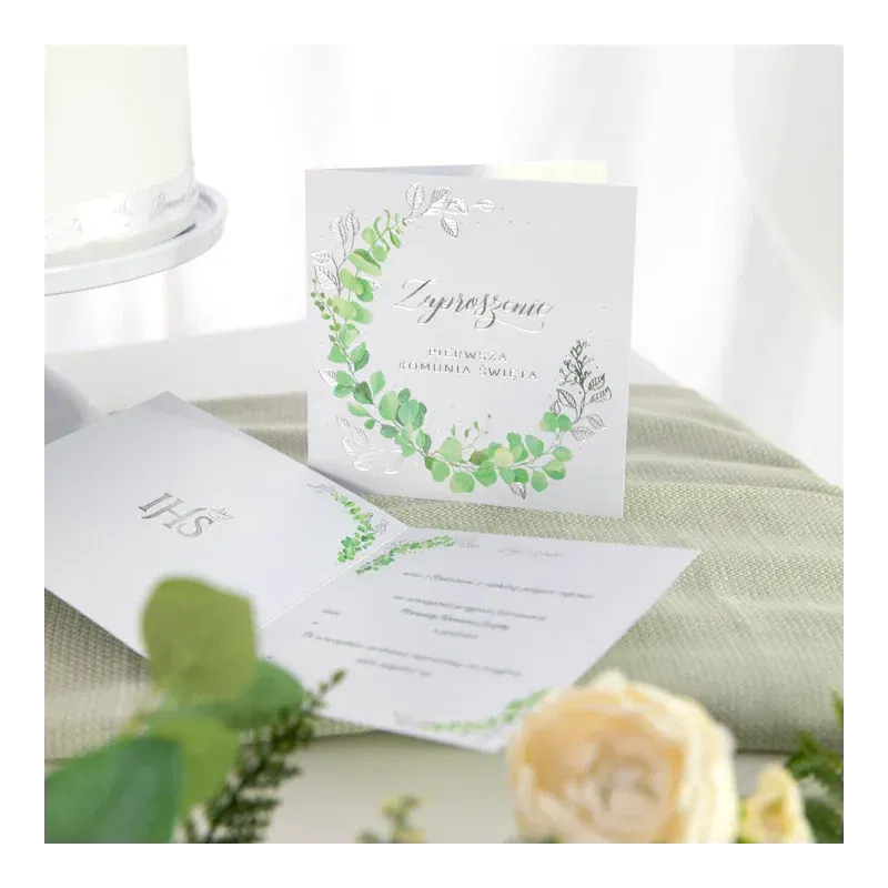 Zaproszenie na komunię Eukaliptus srebrny 10szt. 