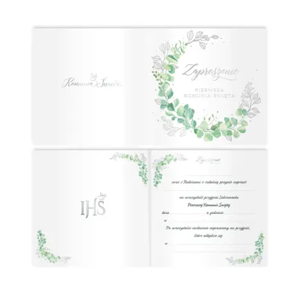 Zaproszenie na komunię Eukaliptus srebrny 10szt. 