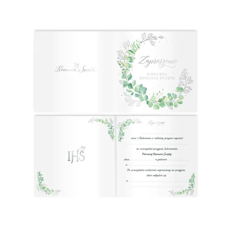 Zaproszenie na komunię Eukaliptus srebrny 10szt. 