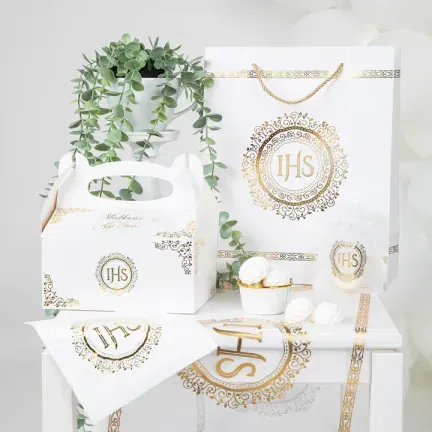 Woreczki z organzy IHS biało-złote 10szt.  Woreczki z organzy IHS biało-złote 10szt.