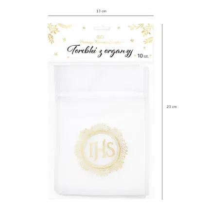 Woreczki z organzy IHS biało-złote 10szt.  Woreczki z organzy IHS biało-złote 10szt.