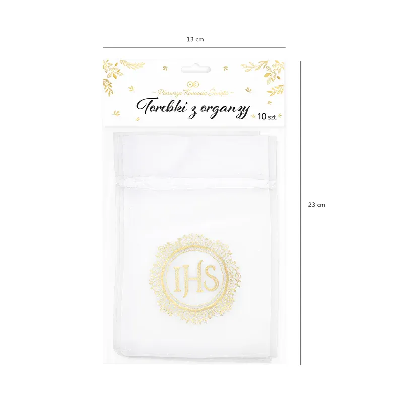 Woreczki z organzy IHS biało-złote 10szt.  Woreczki z organzy IHS biało-złote 10szt.