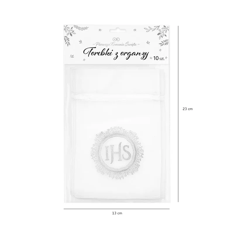 Woreczki z organzy IHS biało-srebrne 10szt. Woreczki z organzy IHS biało-srebrne 10szt.